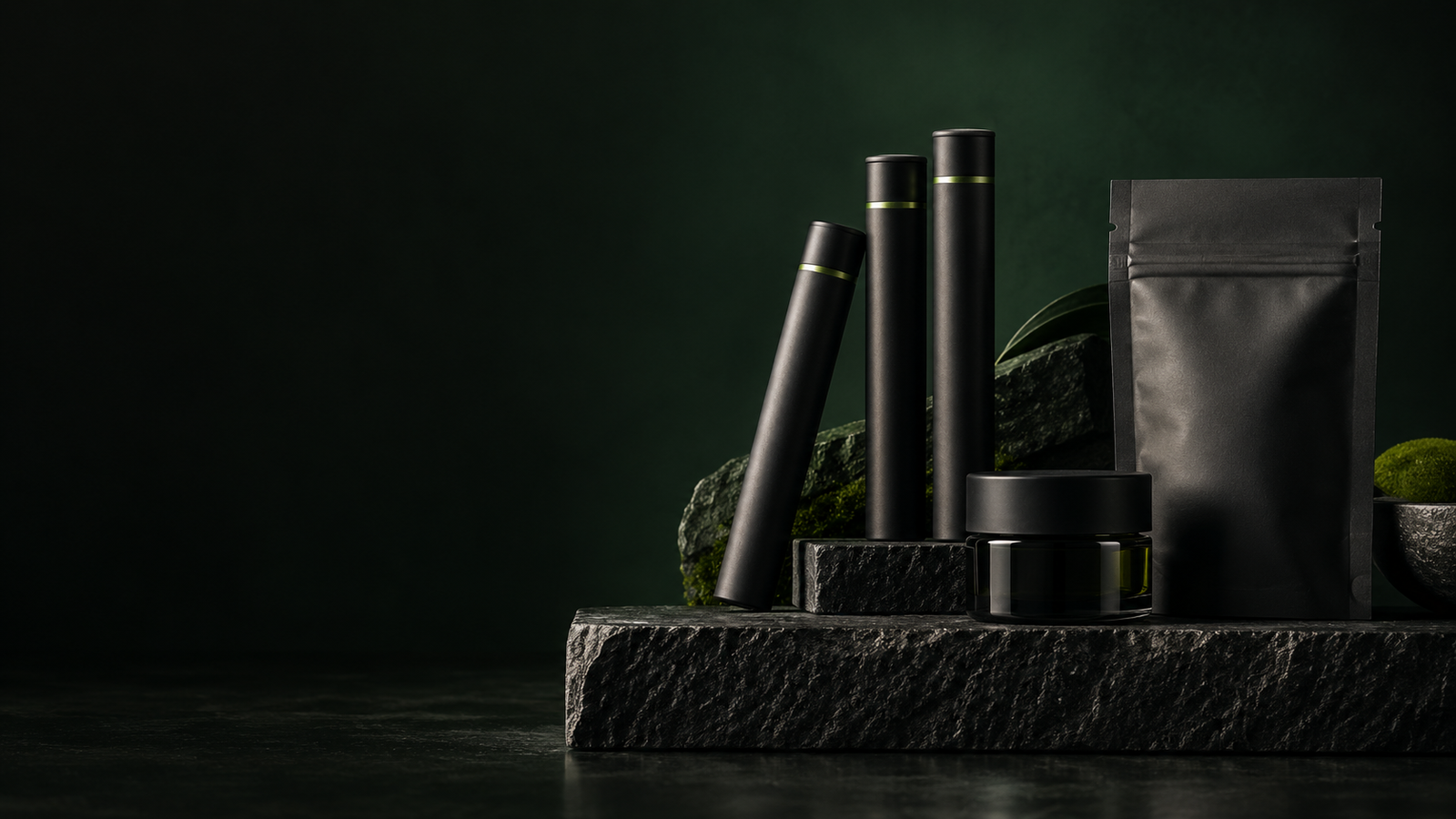 Premium black packaging on a dark stone plinth